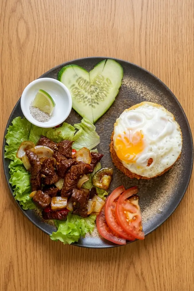 Riz loc lac, bœuf sauté, œuf au plat et concombre taillé en cœur